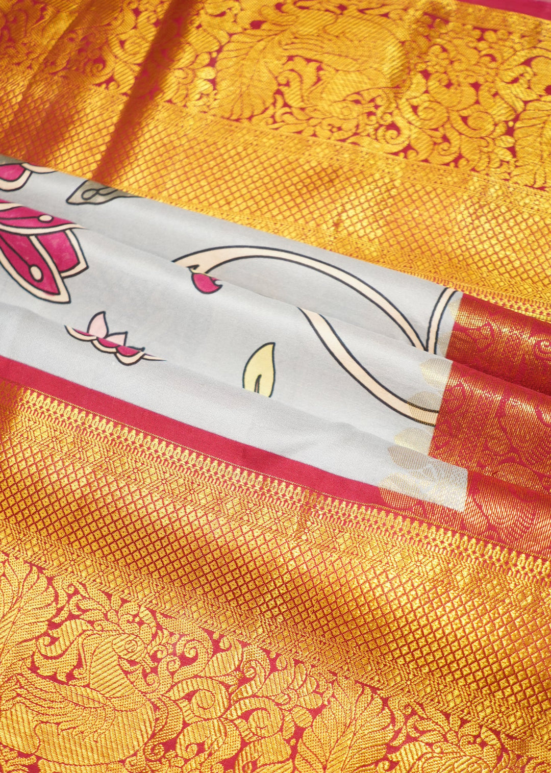 Neerus Grey silk woven Kanchi handloom saree with Kalamkari design - detail view 1