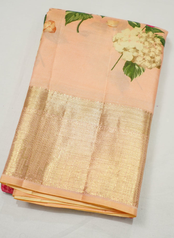 Neerus Pink silk digital printed Kanchi handloom saree - back view