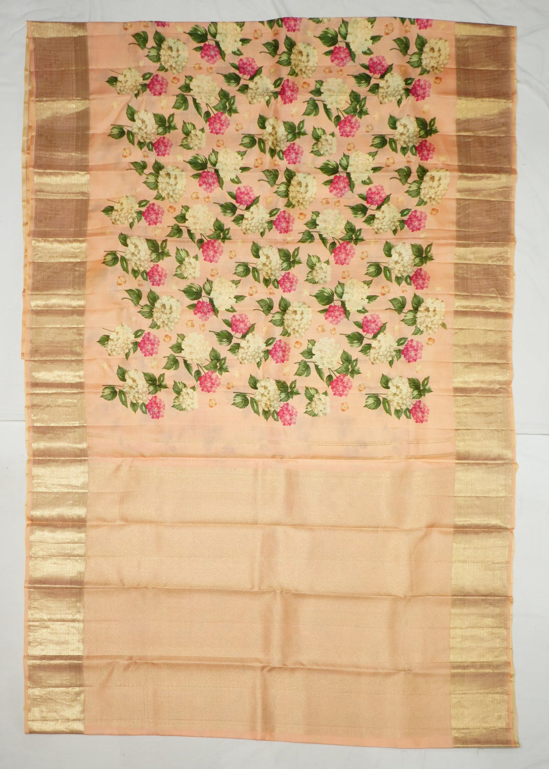 Neerus Pink silk digital printed Kanchi handloom saree - front view