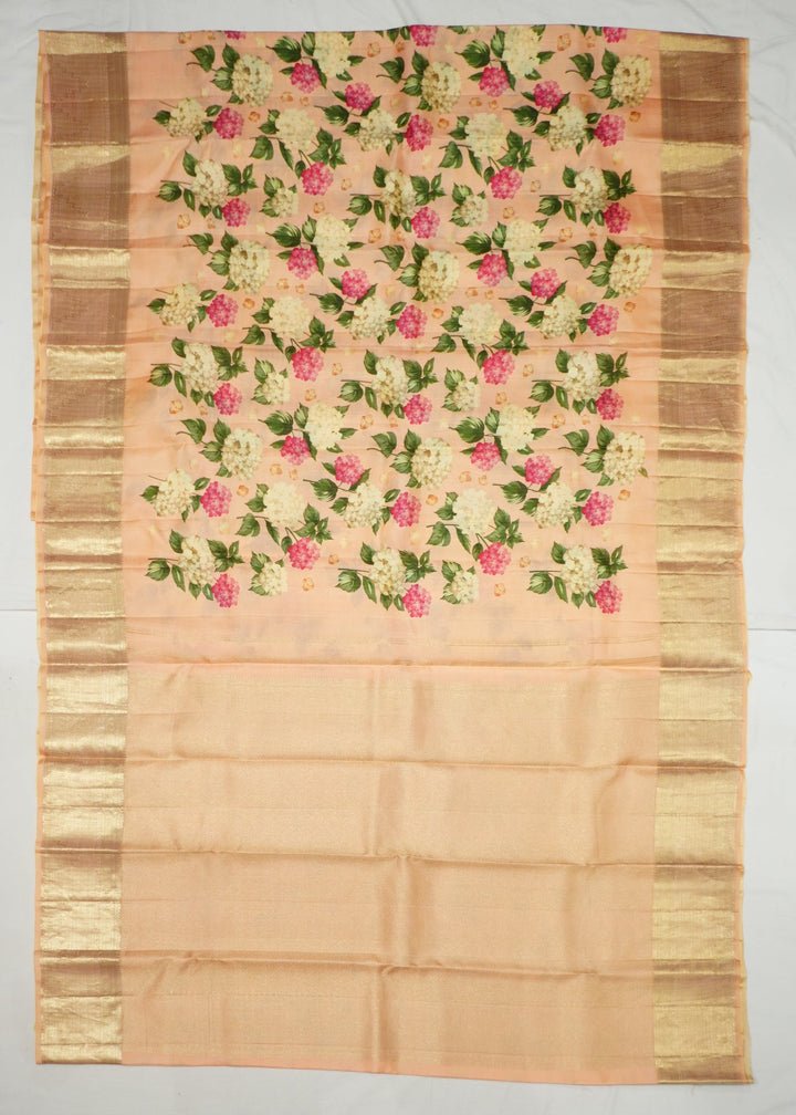 Neerus Pink silk digital printed Kanchi handloom saree - front view
