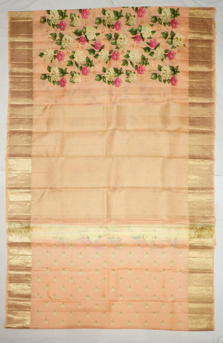 Neerus Pink silk digital printed Kanchi handloom saree - detail view 1