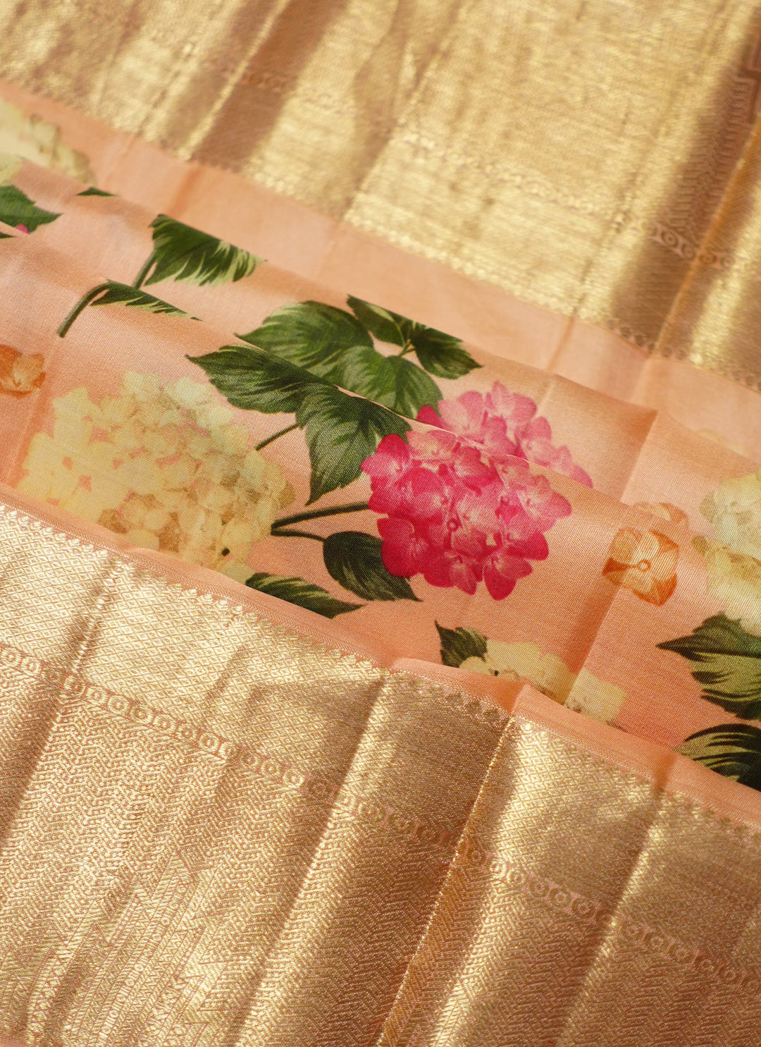 Neerus Pink silk digital printed Kanchi handloom saree - side view