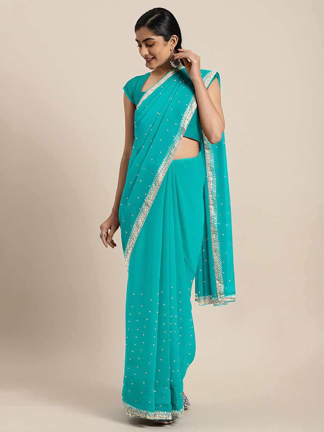 Neerus Blue embellished saree with blouse piece - front view