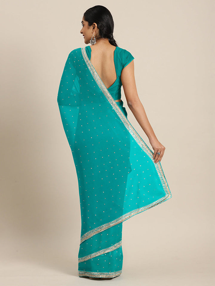 Neerus Blue embellished saree with blouse piece - back view