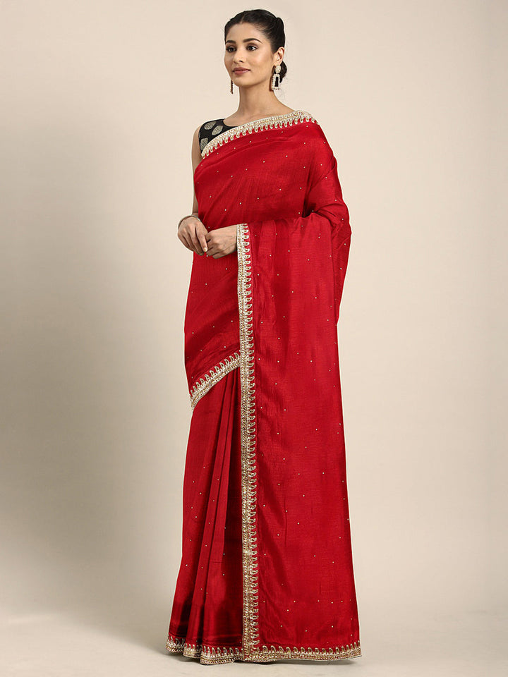 Neerus Red embellished saree with blouse piece - front view