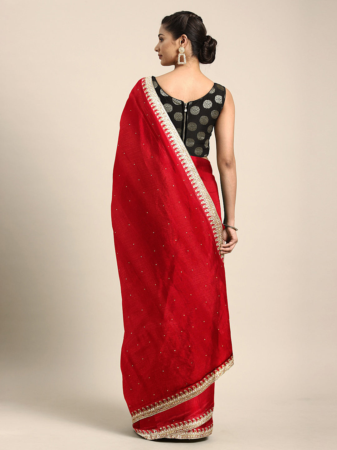 Neerus Red embellished saree with blouse piece - back view