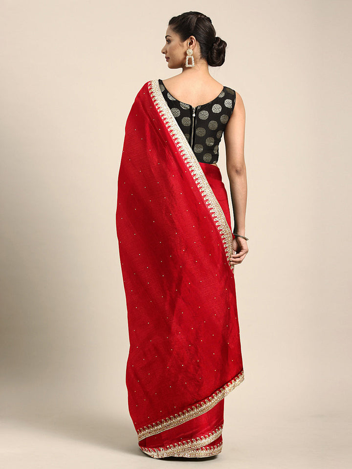 Neerus Red embellished saree with blouse piece - back view