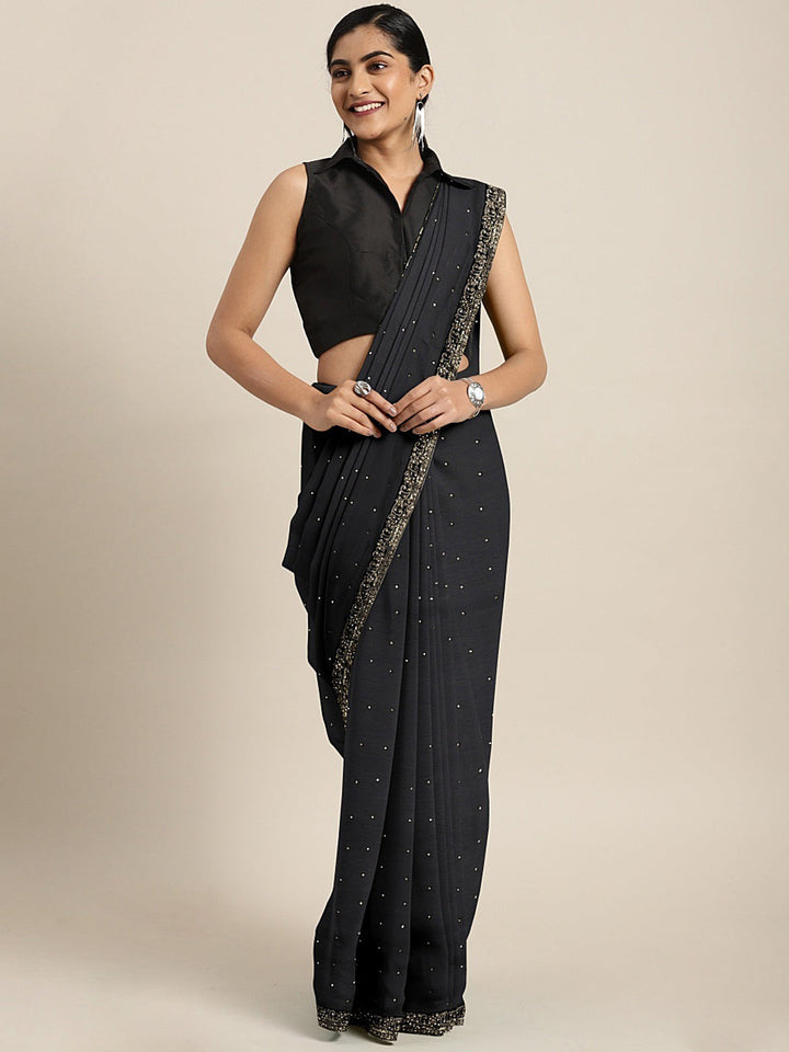 Neerus Black georgette embellished saree with blouse - front view