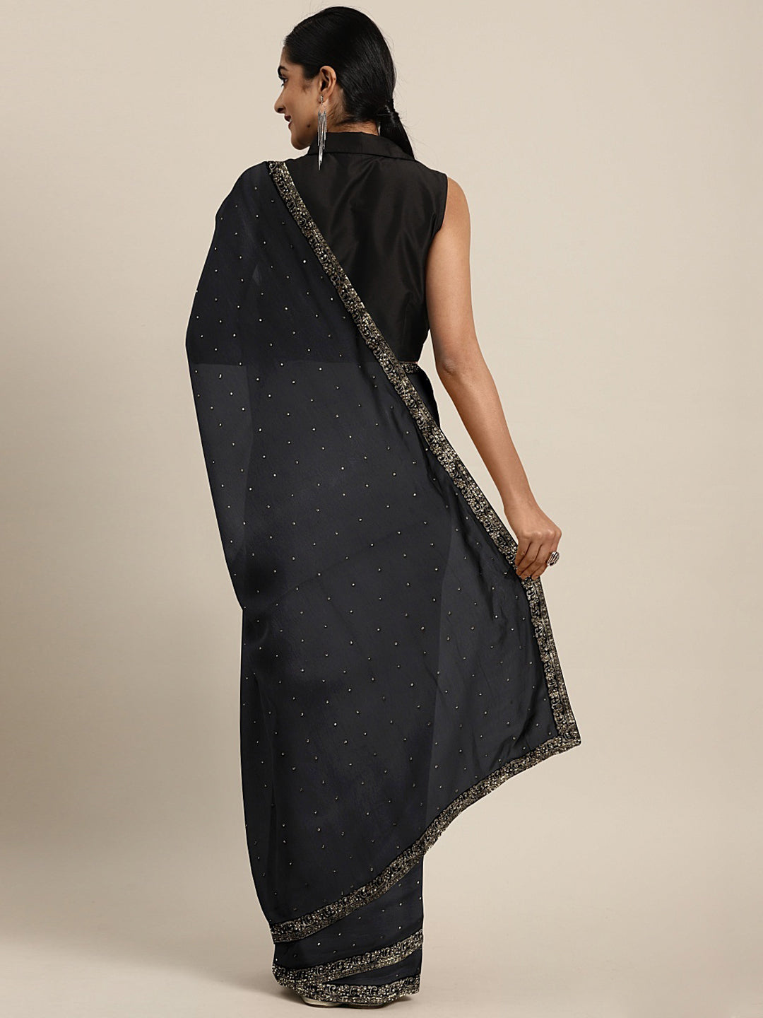 Neerus Black georgette embellished saree with blouse - back view