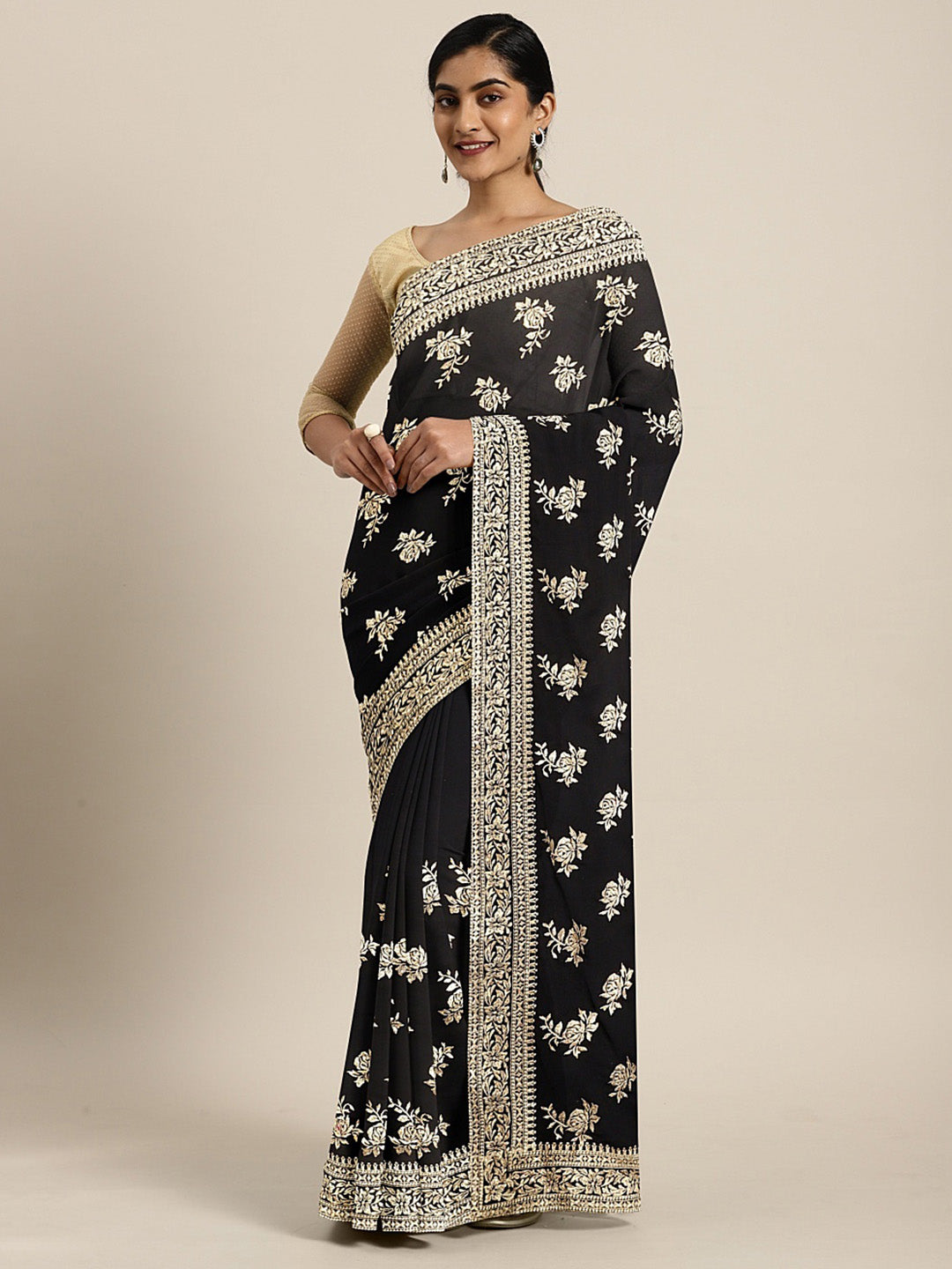 Neerus Black georgette printed saree - front view