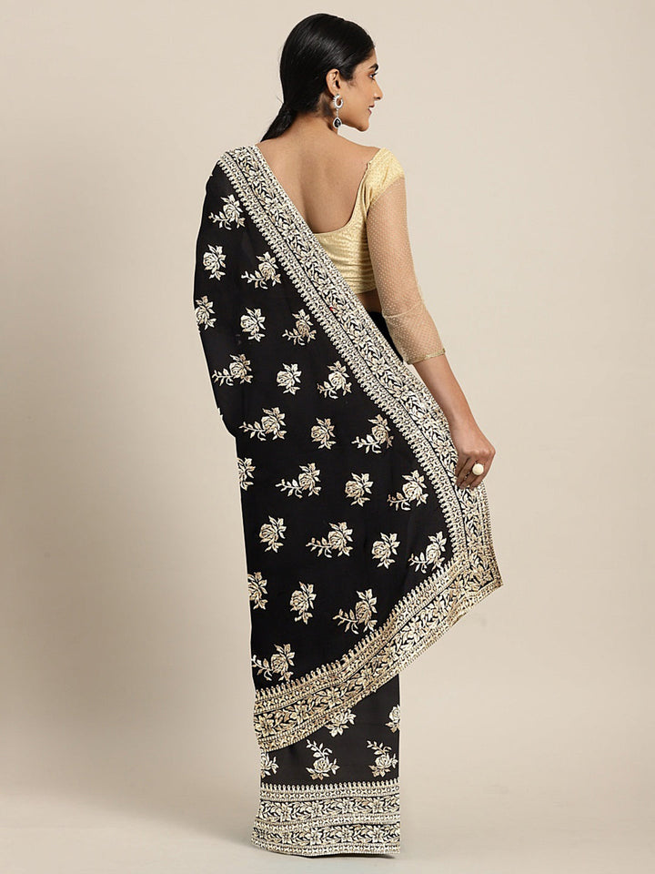 Neerus Black georgette printed saree - back view