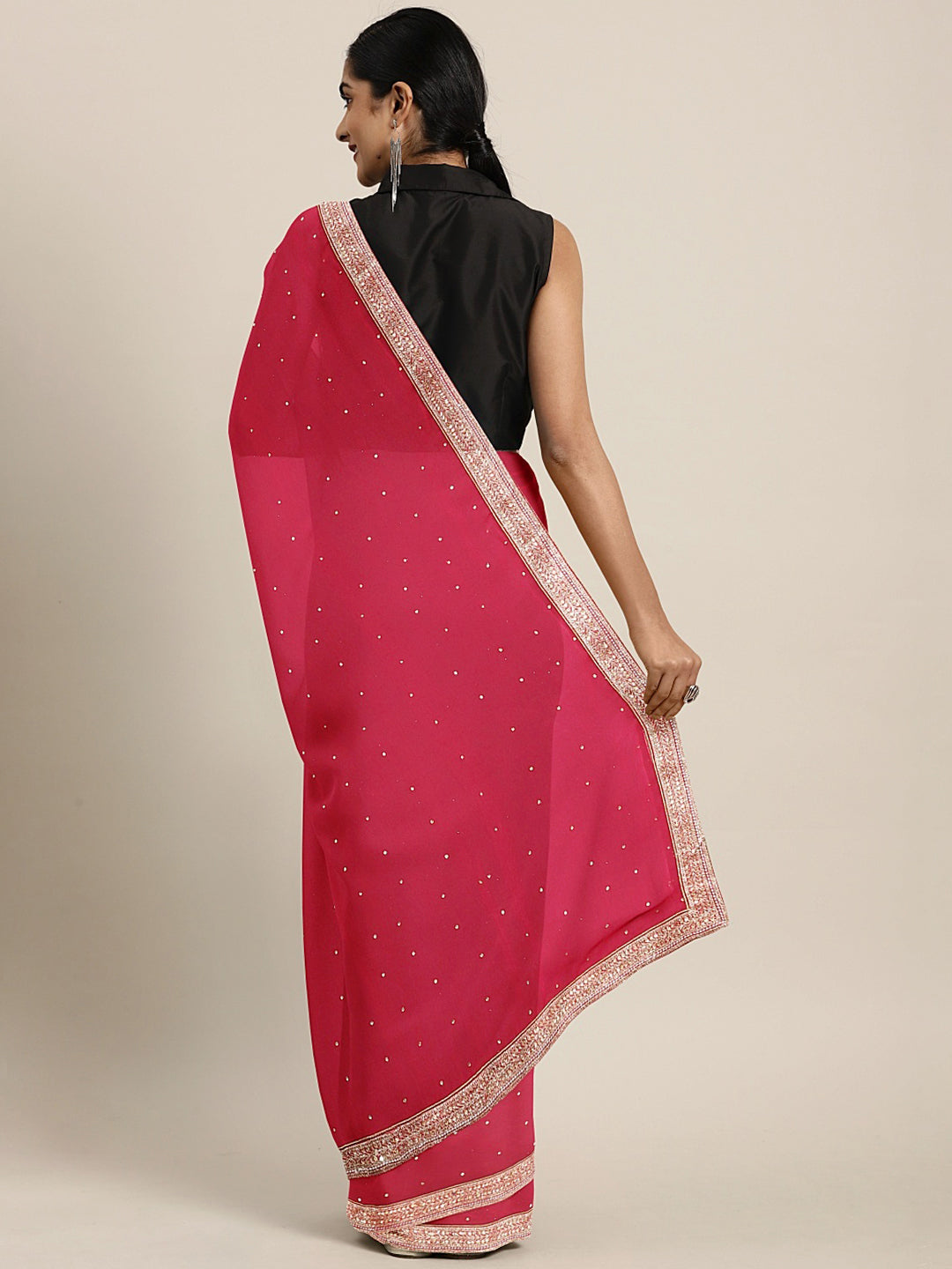 Neerus Pink georgette embellished saree - back view