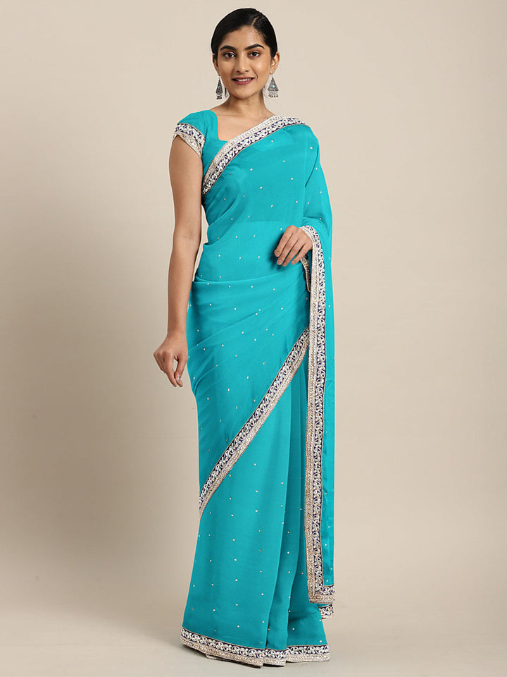 Neerus Blue embellished saree with blouse piece - front view