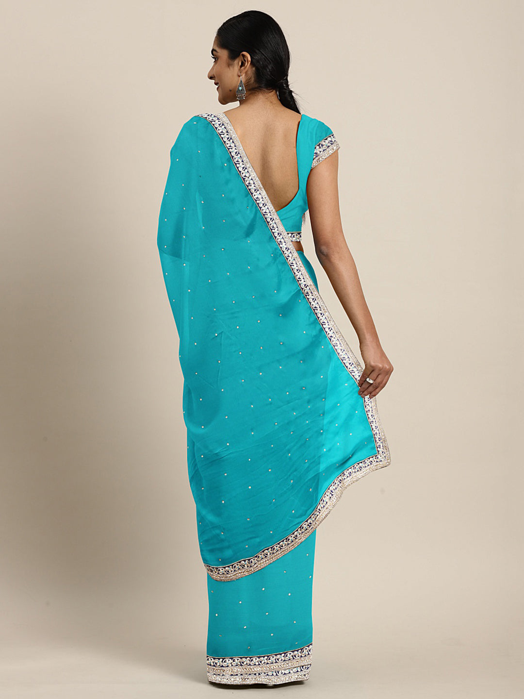 Neerus Blue embellished saree with blouse piece - back view