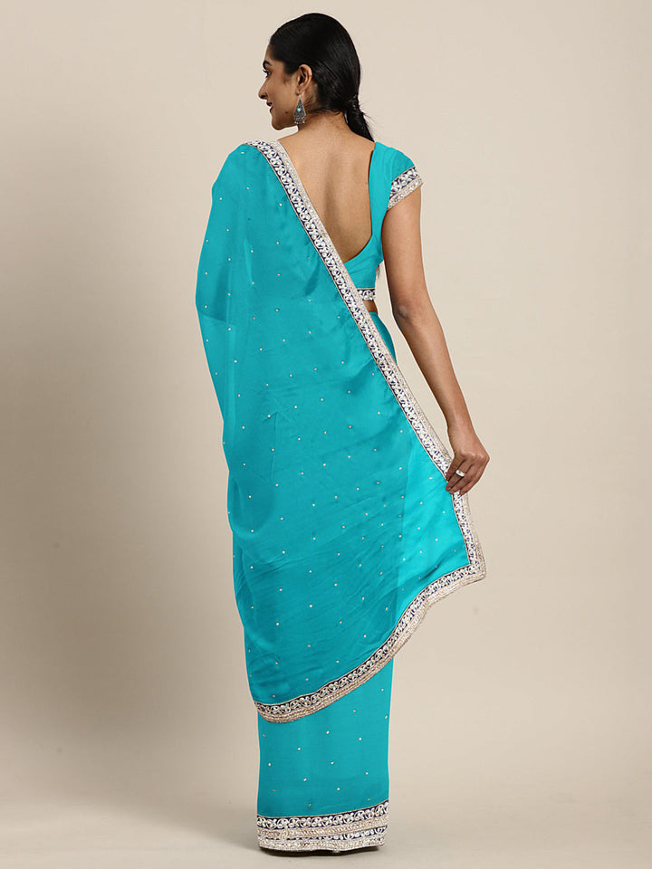 Neerus Blue embellished saree with blouse piece - back view