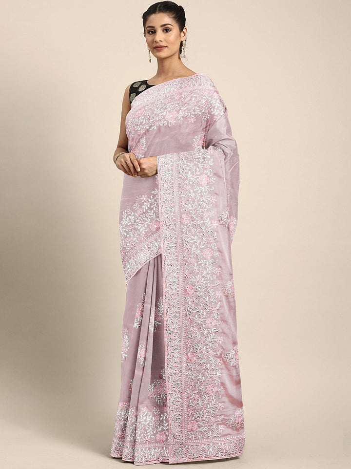 Neerus Pink embroidered saree with blouse piece - front view