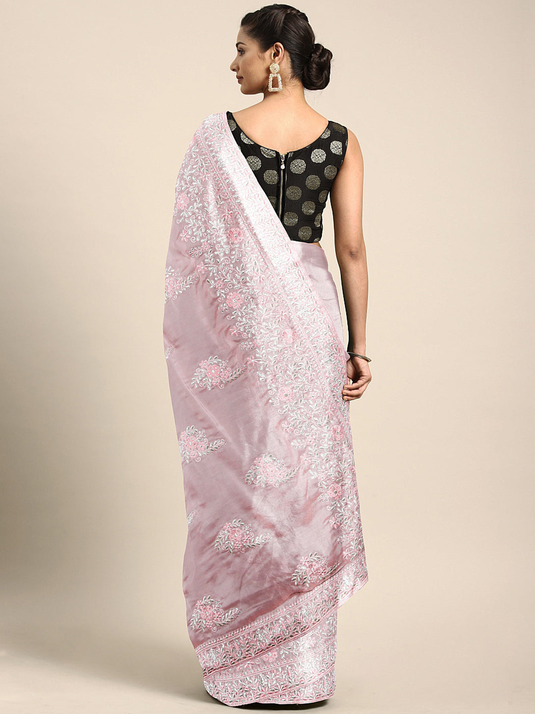Neerus Pink embroidered saree with blouse piece - back view
