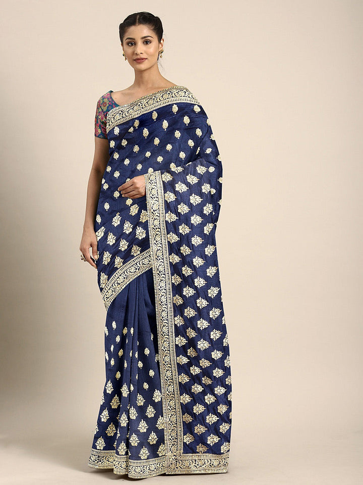 Neerus Blue silk woven saree - front view