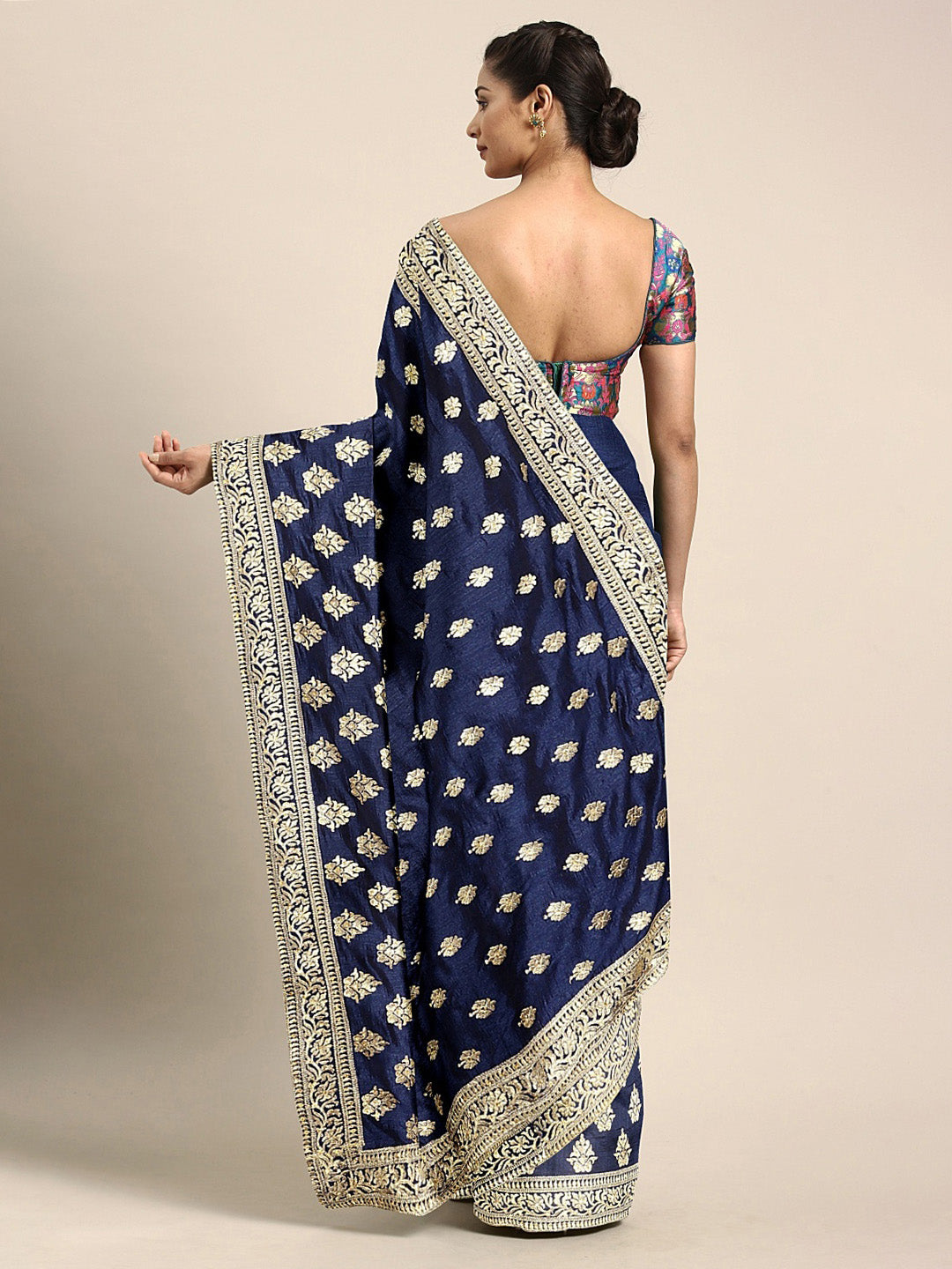 Neerus Blue silk woven saree - back view