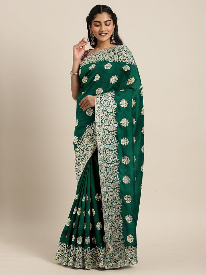Neerus Green Georgette textured Saree with Blouse - front view