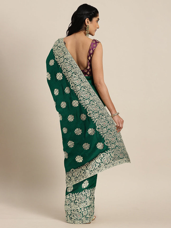 Neerus Green Georgette textured Saree with Blouse - back view