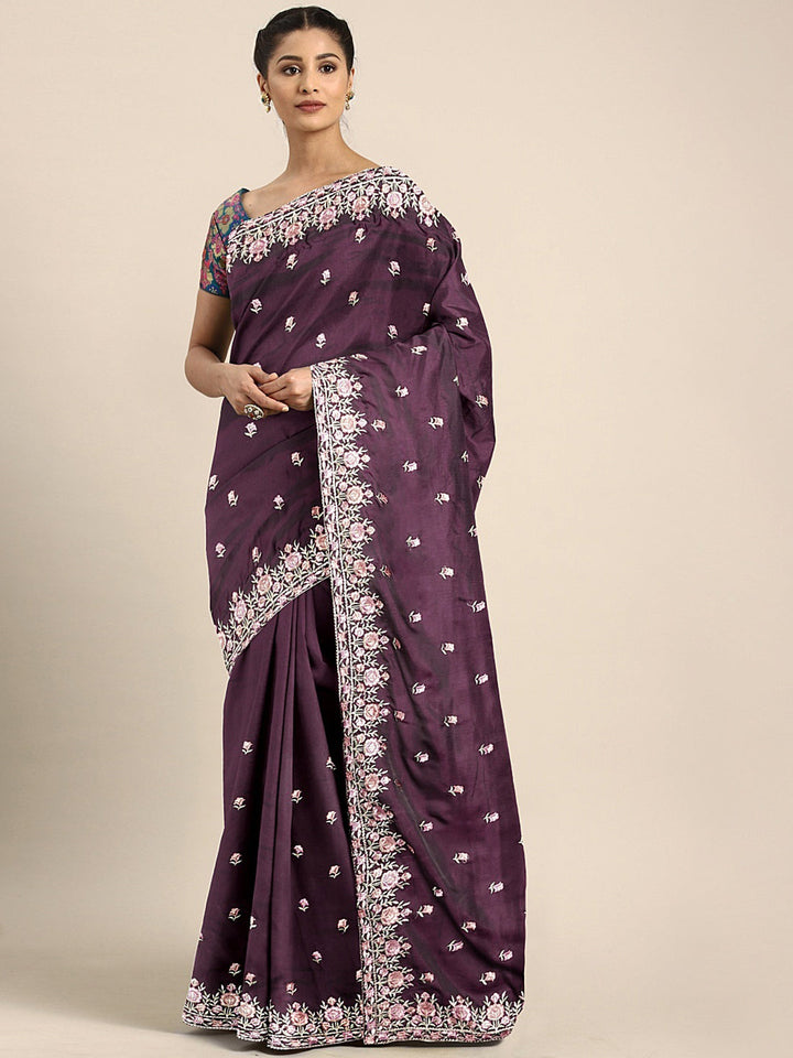 Neerus Pink embroidered saree with blouse piece - front view
