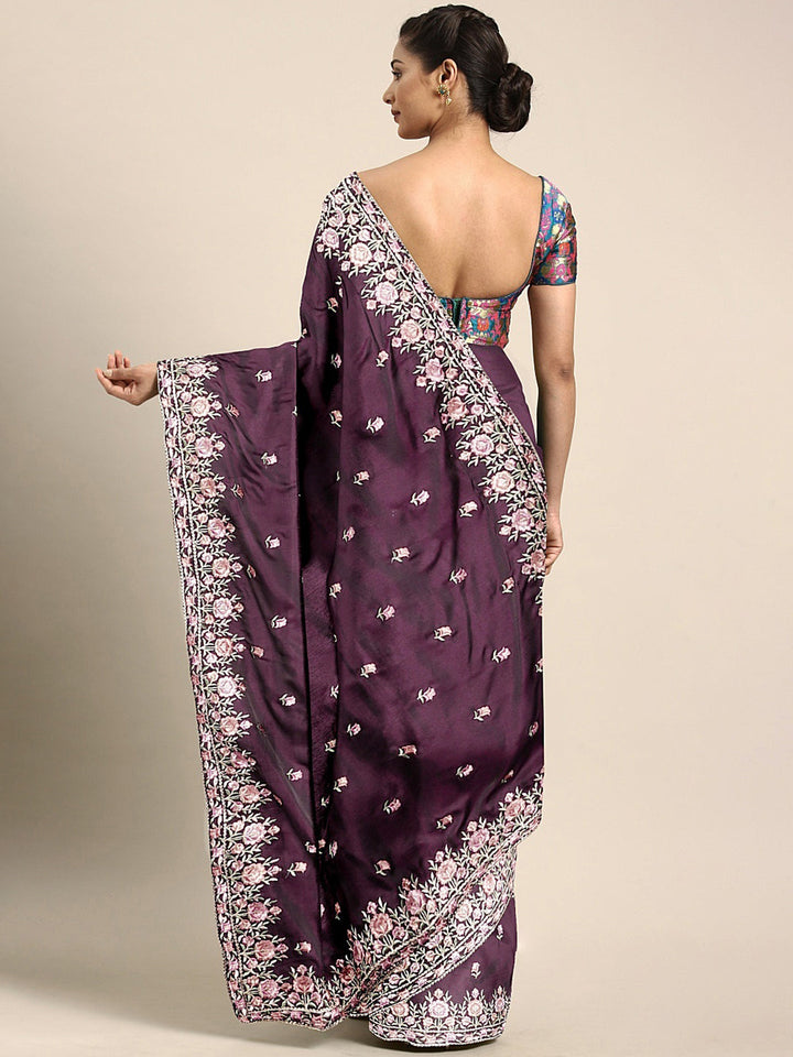 Neerus Pink embroidered saree with blouse piece - back view