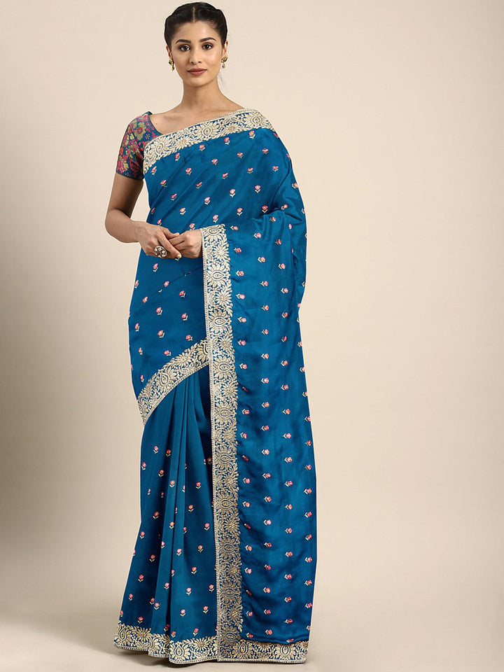 Neerus Blue embroidered saree with blouse piece - front view