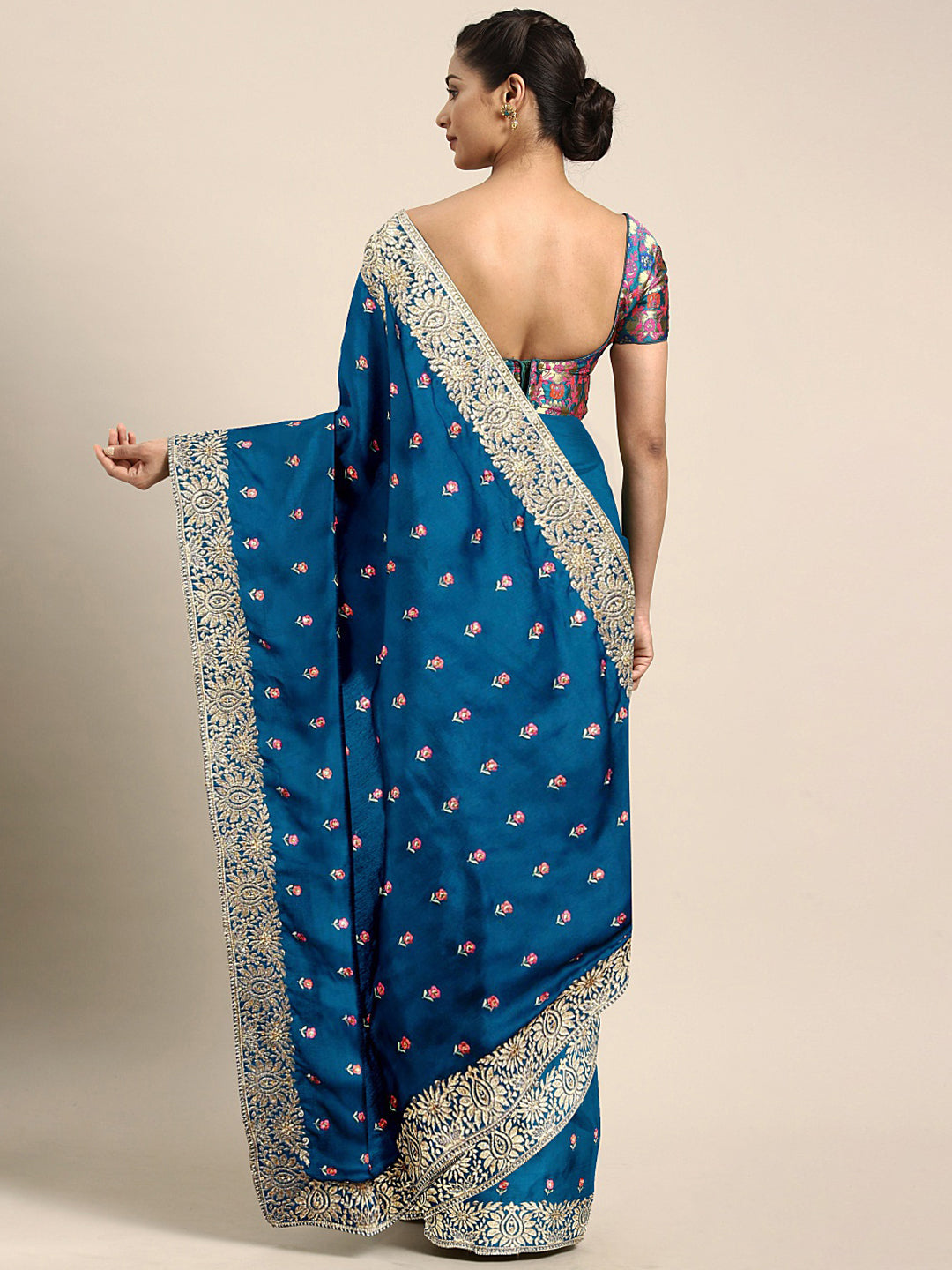 Neerus Blue embroidered saree with blouse piece - back view