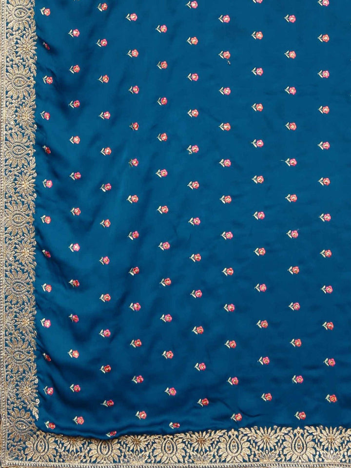 Neerus Blue embroidered saree with blouse piece - detail view 1