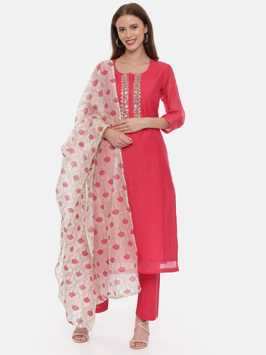Neerus Pink embellished kurta set with palazzo and dupatta - front view