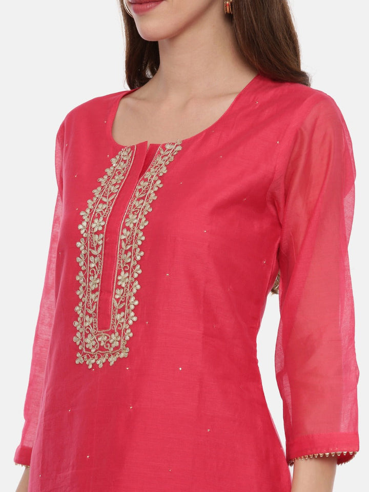 Neerus Pink embellished kurta set with palazzo and dupatta - back view