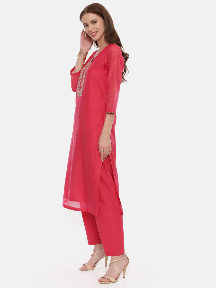 Neerus Pink embellished kurta set with palazzo and dupatta - detail view 3