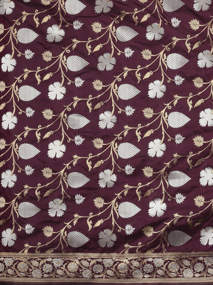 Neerus Maroon Banarasi woven saree with floral design - back view