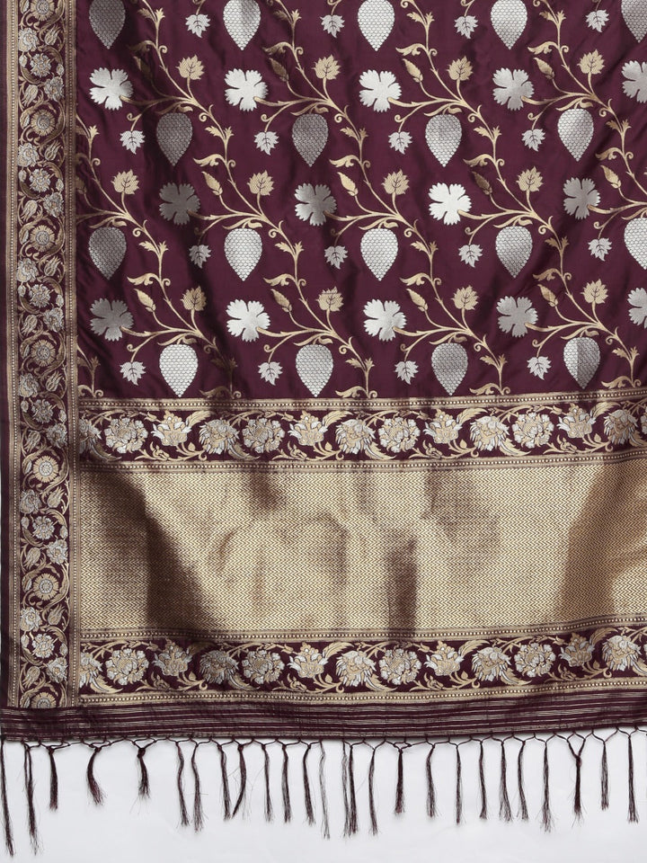 Neerus Maroon Banarasi woven saree with floral design - side view