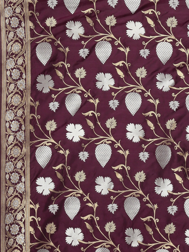 Neerus Maroon Banarasi woven saree with floral design - detail view 2