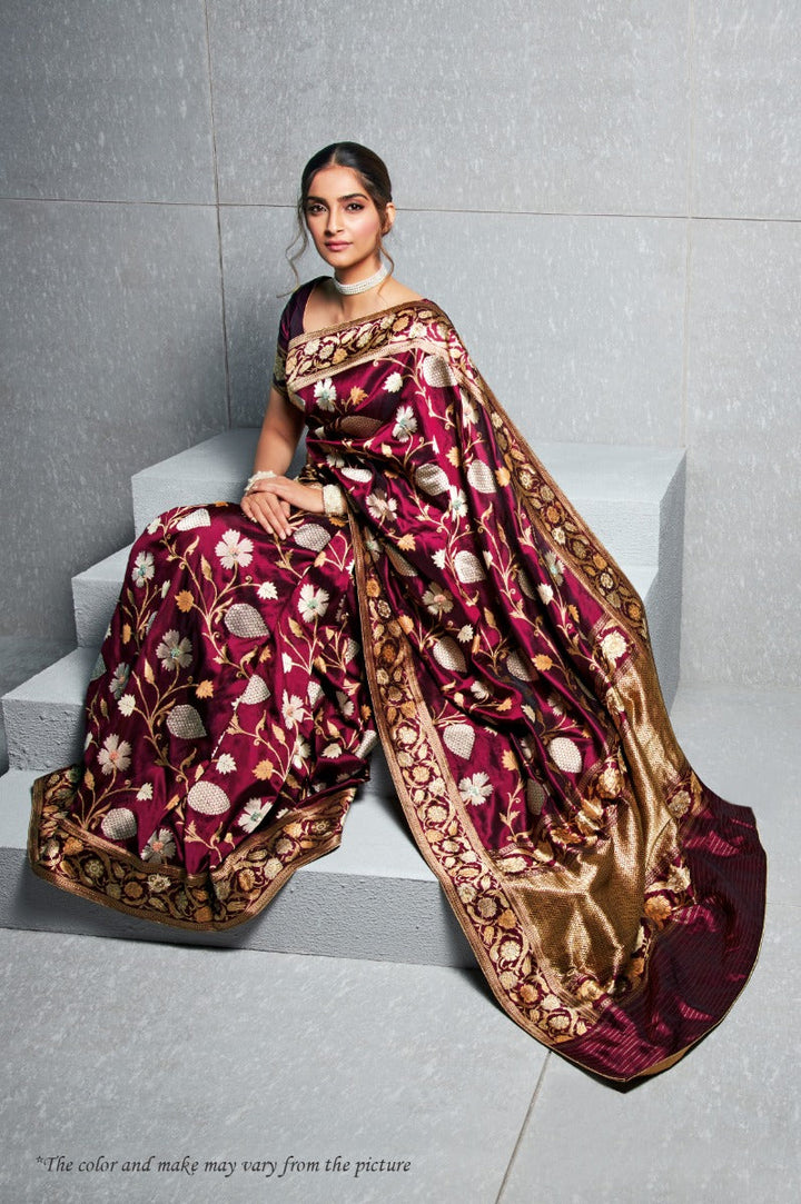 Neerus Maroon Banarasi woven saree with floral design - front view