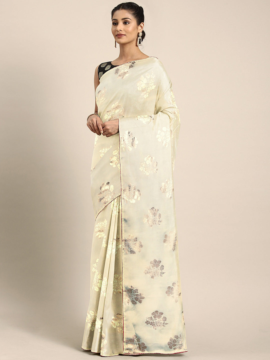 Neerus Beige crepe printed saree with blouse piece - front view