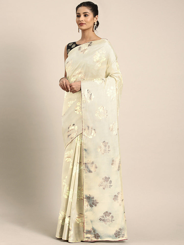 Neerus Beige crepe printed saree with blouse piece - front view