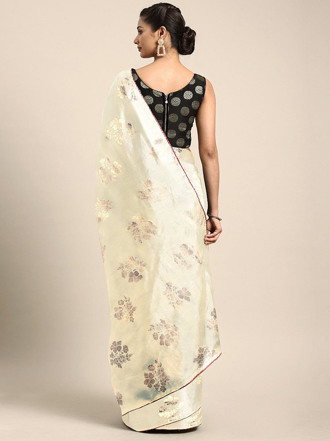 Neerus Beige crepe printed saree with blouse piece - back view