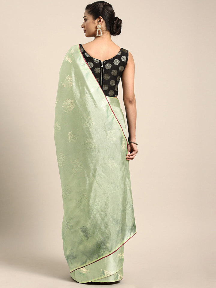 Neerus Green crepe printed saree with blouse piece - back view