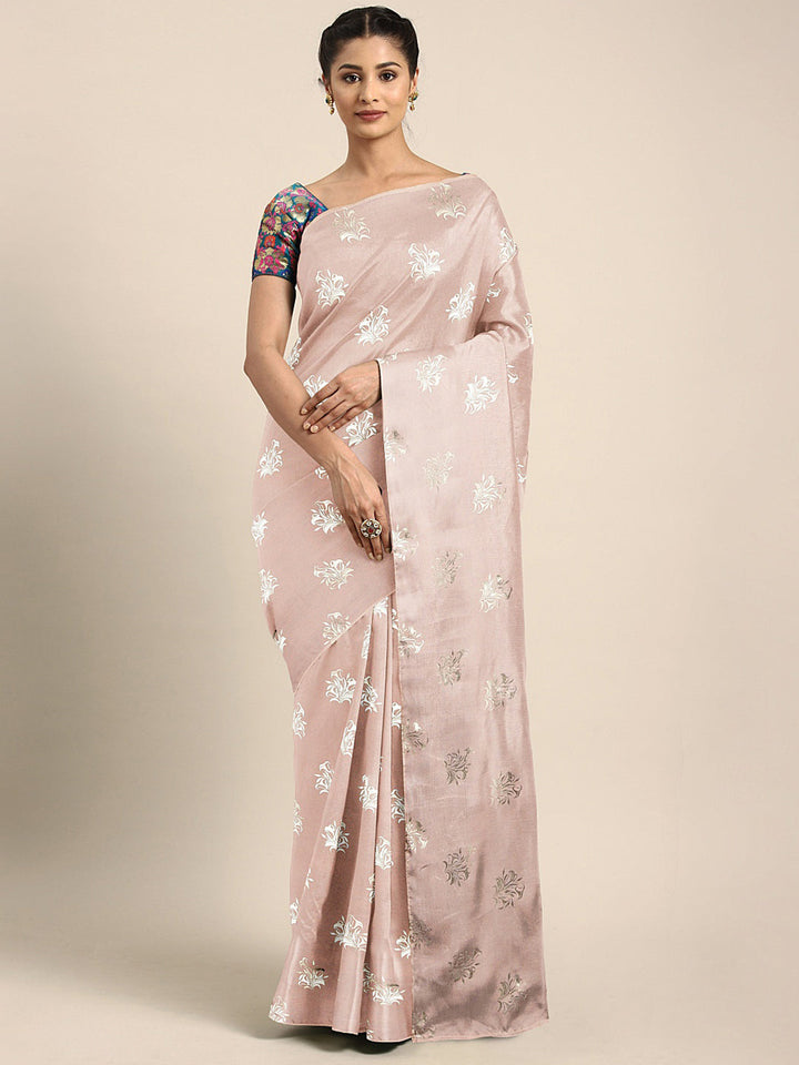 Neerus Orange crepe printed saree with blouse piece - front view