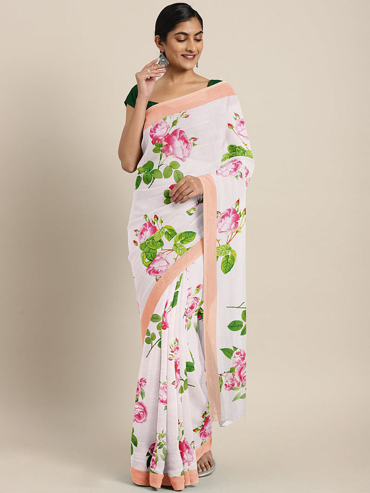 Neerus White Georgette Printed Saree - front view