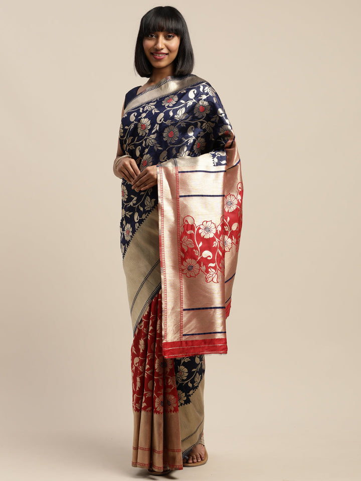 Neerus Blue Silk Cotton Printed Saree - front view