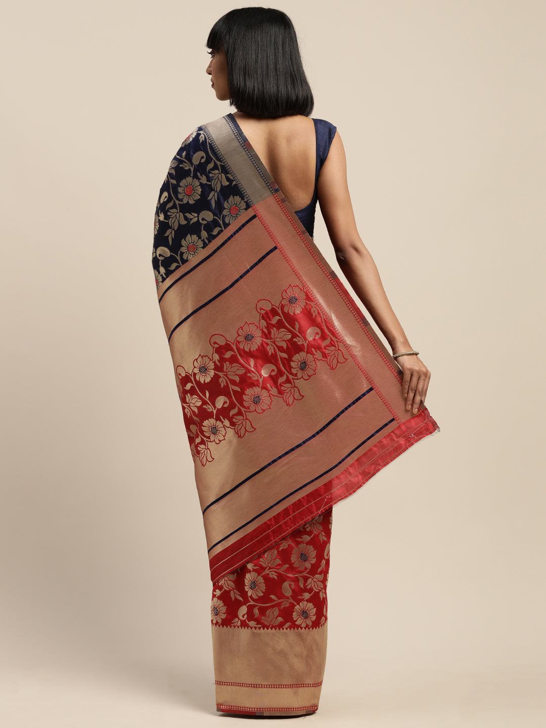 Neerus Blue Silk Cotton Printed Saree - back view