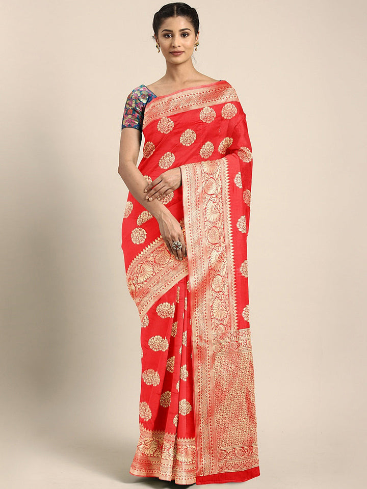 Neerus Red silk woven saree - front view