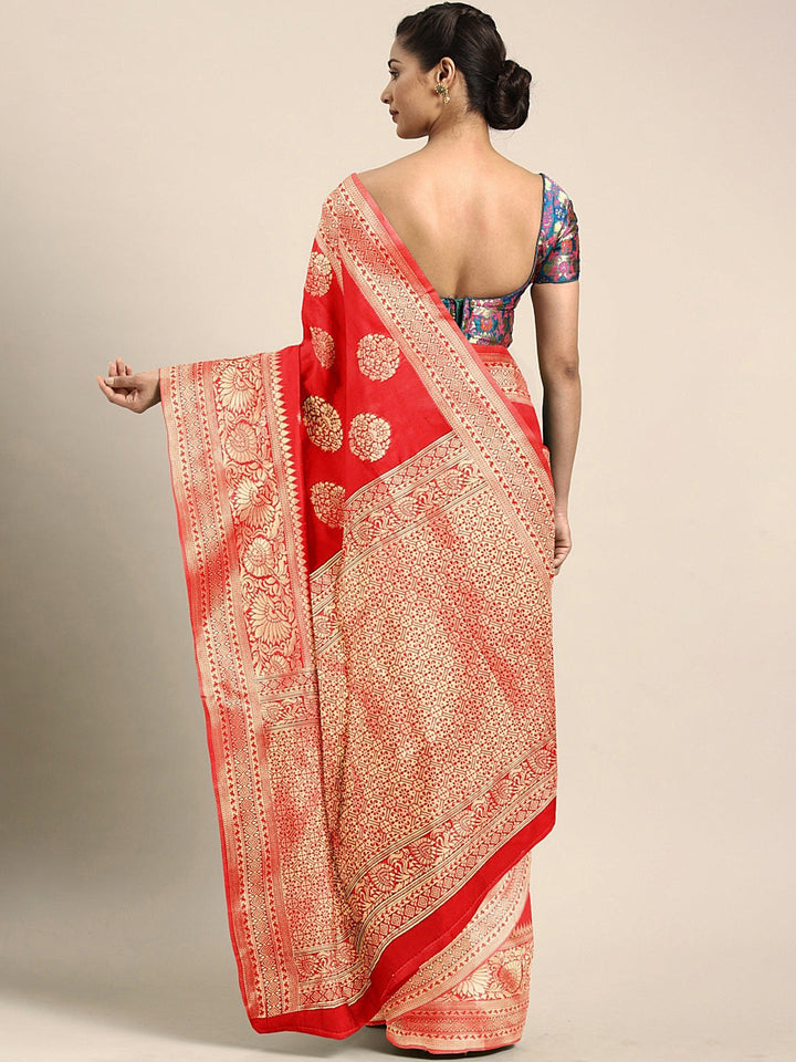 Neerus Red silk woven saree - back view