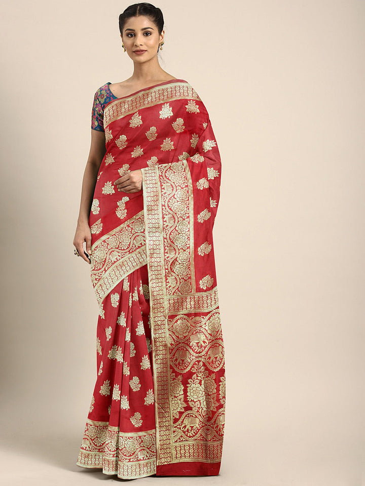 Neerus Red silk woven saree - front view