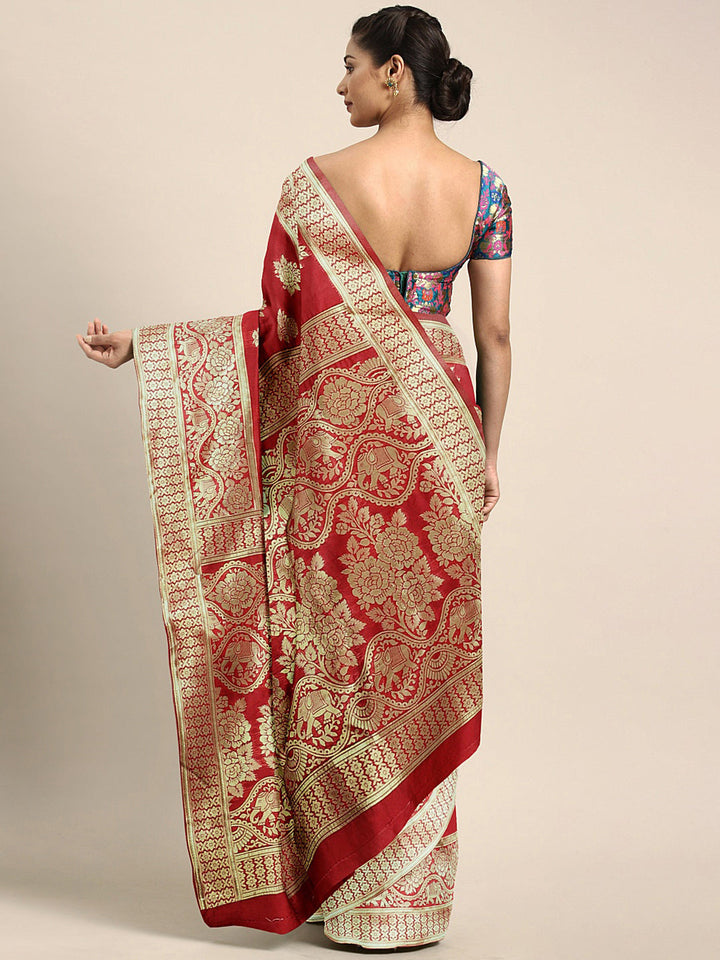Neerus Red silk woven saree - back view