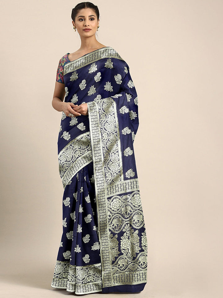 Neerus Blue silk woven saree - front view